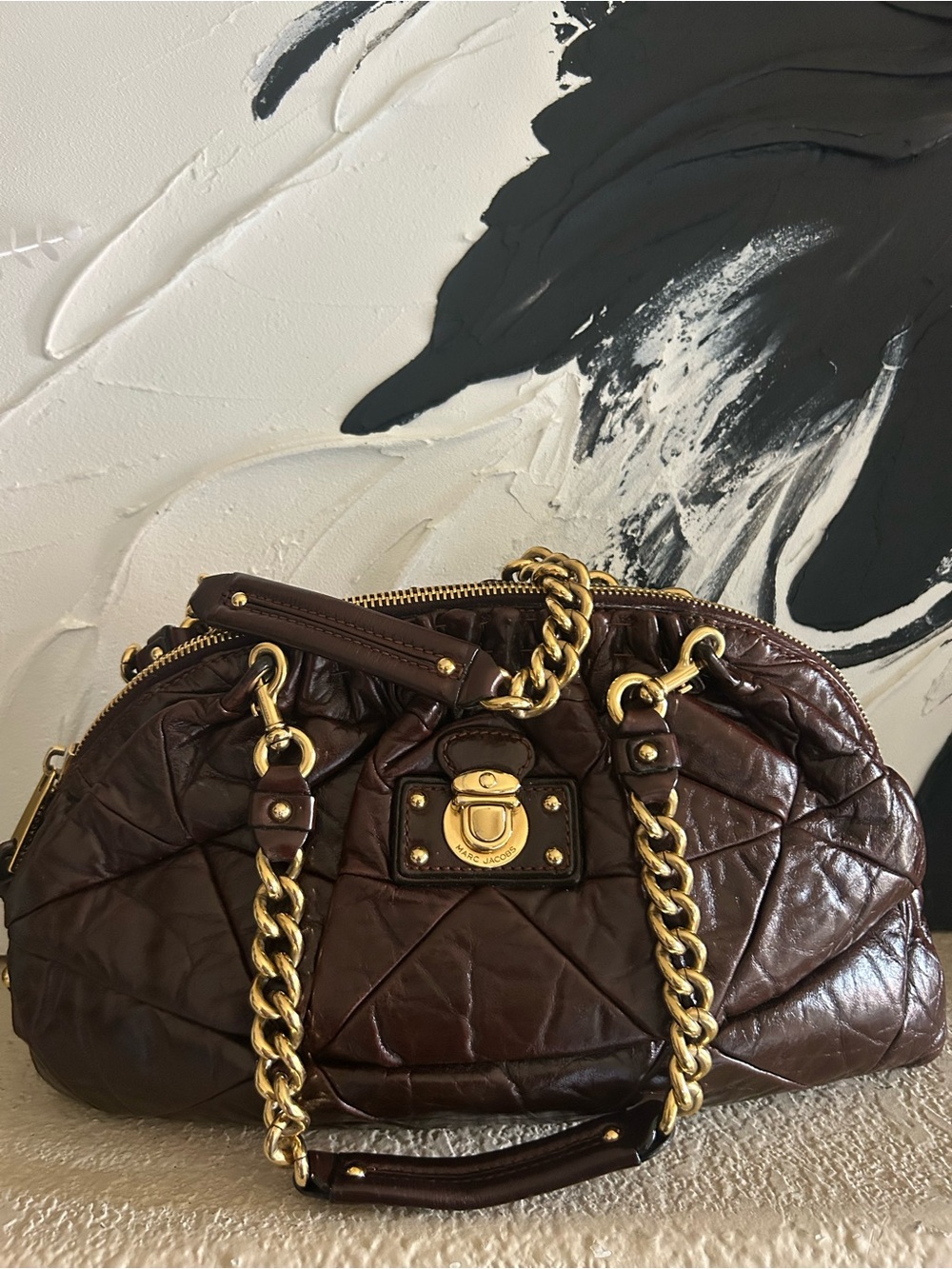 MARC JACOBS Authentic Cabra Quilted Dark Brown Leather Shoulder Bag